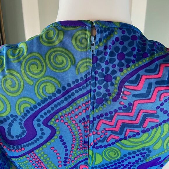 Vintage 70s Gay Gibson Psychedelic Ruffle Flutter Sleeve Maxi Dress Abstract S/M - Picture 11 of 15